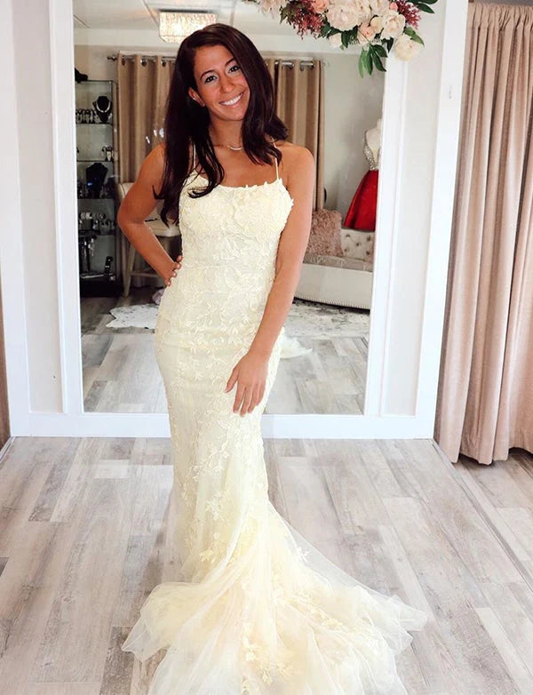 Vestidos de fiesta de sirena con tirantes finos rojos y apliques de encaje rojo, vestidos de noche largos y económicos.