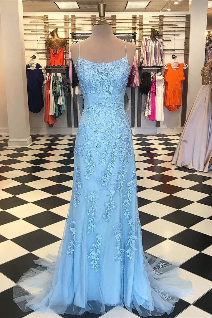 Vestidos de fiesta de sirena con tirantes finos rojos y apliques de encaje rojo, vestidos de noche largos y económicos.