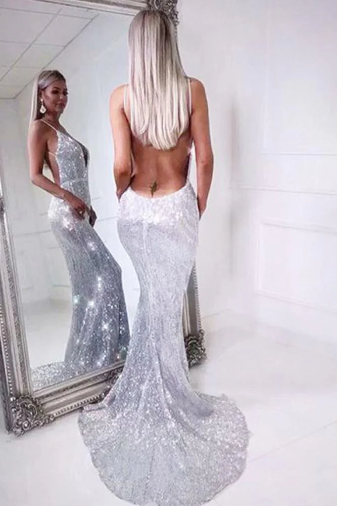 Vestido de fiesta largo de noche con escote en V, espalda descubierta y lentejuelas plateadas con tirantes finos y corte sirena