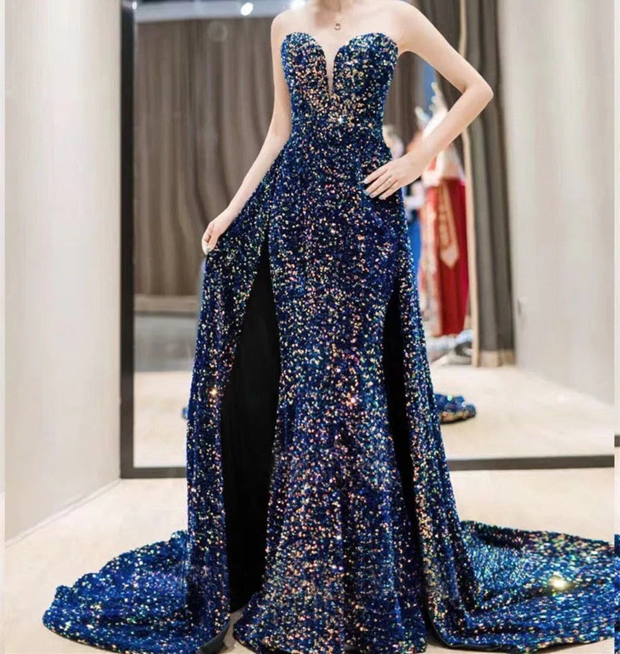 Vestidos de fiesta largos formales con lentejuelas desmontables y escote corazón de sirena