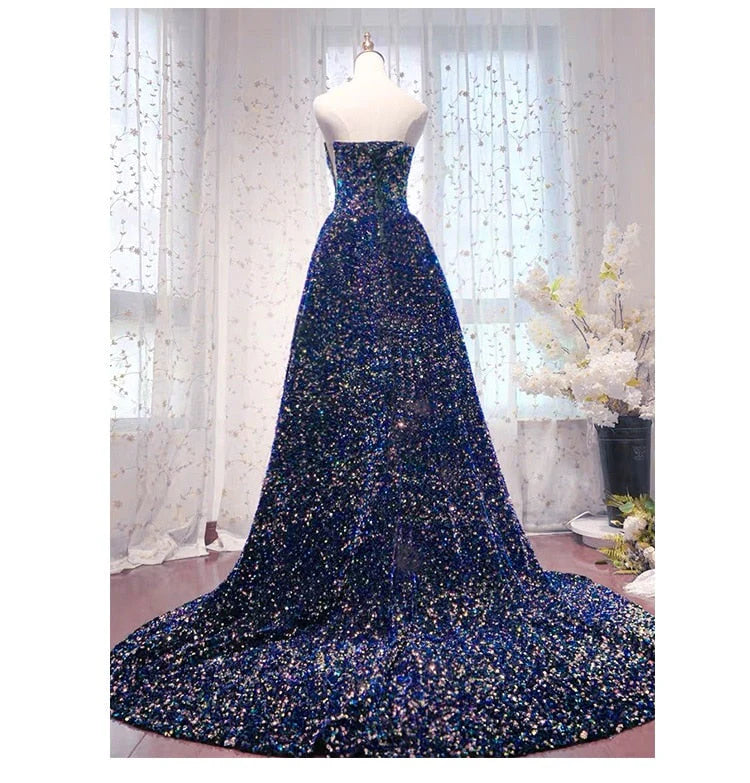 Vestidos de fiesta largos formales con lentejuelas desmontables y escote corazón de sirena