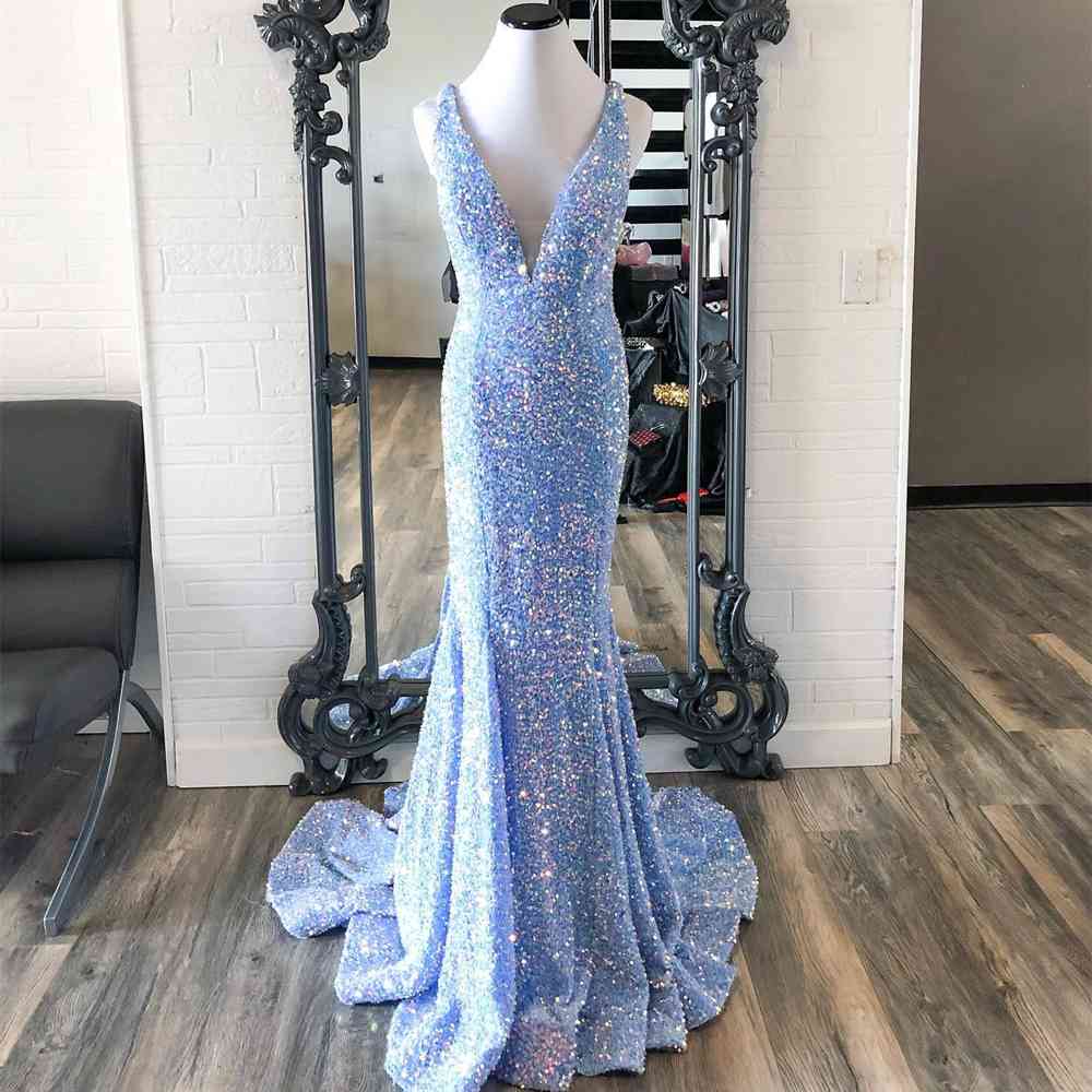Vestido de fiesta de sirena con escote en V, cola larga, espalda descubierta, tirantes finos y lentejuelas de terciopelo