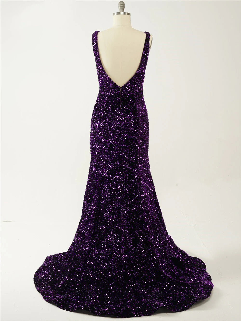 Vestido de fiesta de sirena con escote en V, cola larga, espalda descubierta, tirantes finos y lentejuelas de terciopelo