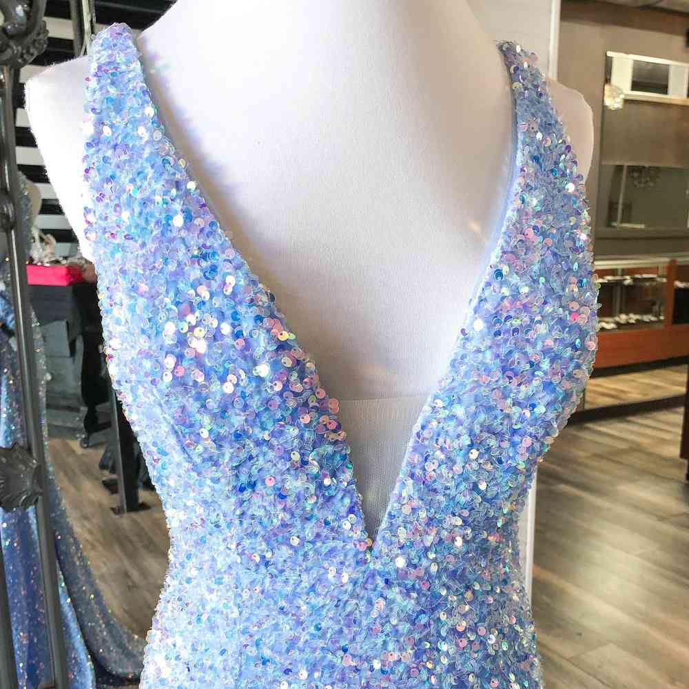 Vestido de fiesta de sirena con escote en V, cola larga, espalda descubierta, tirantes finos y lentejuelas de terciopelo