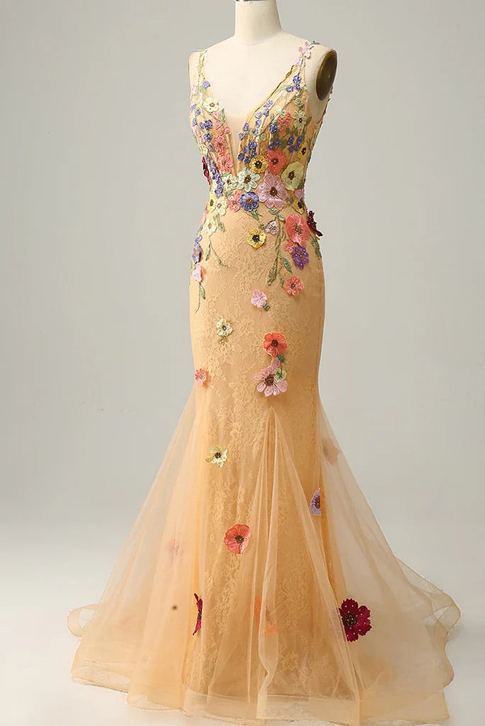 Vestidos de fiesta de sirena con escote en V, de tul y apliques, hasta el suelo