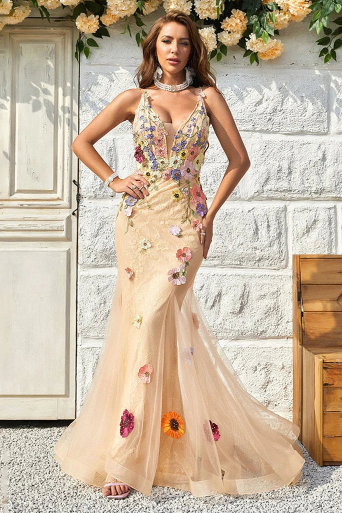 Vestidos de fiesta de sirena con escote en V, de tul y apliques, hasta el suelo