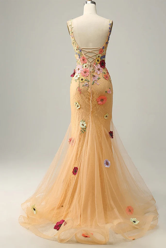 Vestidos de fiesta de sirena con escote en V, de tul y apliques, hasta el suelo