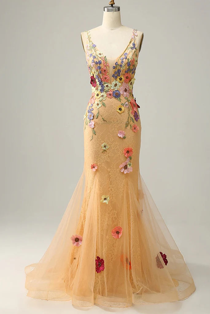 Vestidos de fiesta de sirena con escote en V, de tul y apliques, hasta el suelo