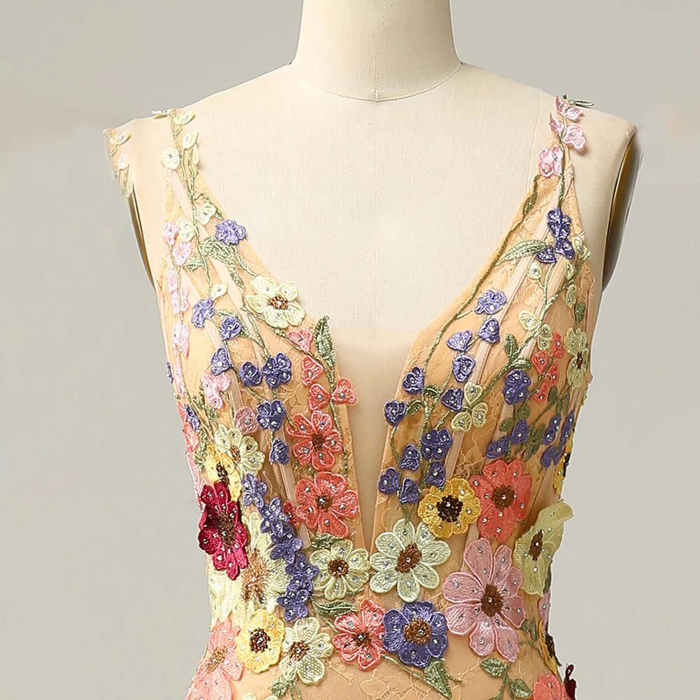 Vestidos de fiesta de sirena con escote en V, de tul y apliques, hasta el suelo