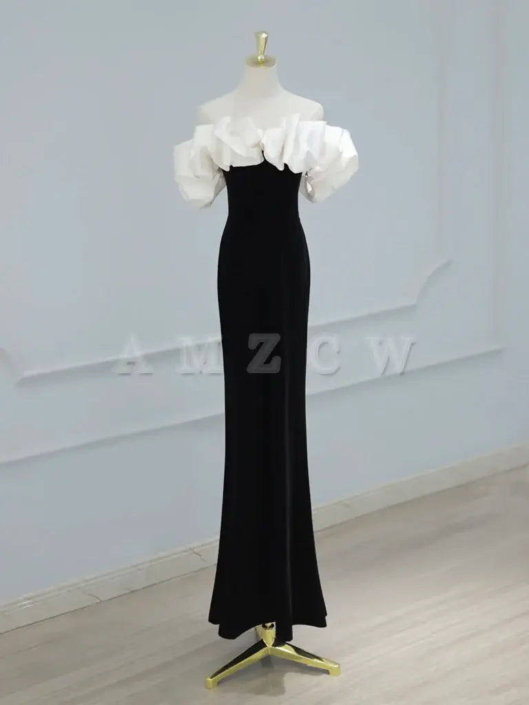 Amzcw Mermaid Off Shoulder Velvet Black Long Prom Dress Black Formal Dress prom dress in store