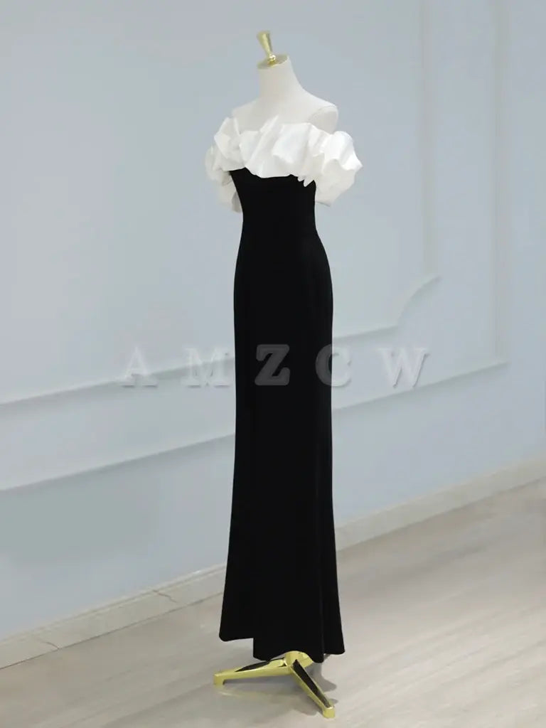 Amzcw Mermaid Off Shoulder Velvet Black Long Prom Dress Black Formal Dress prom dress in store
