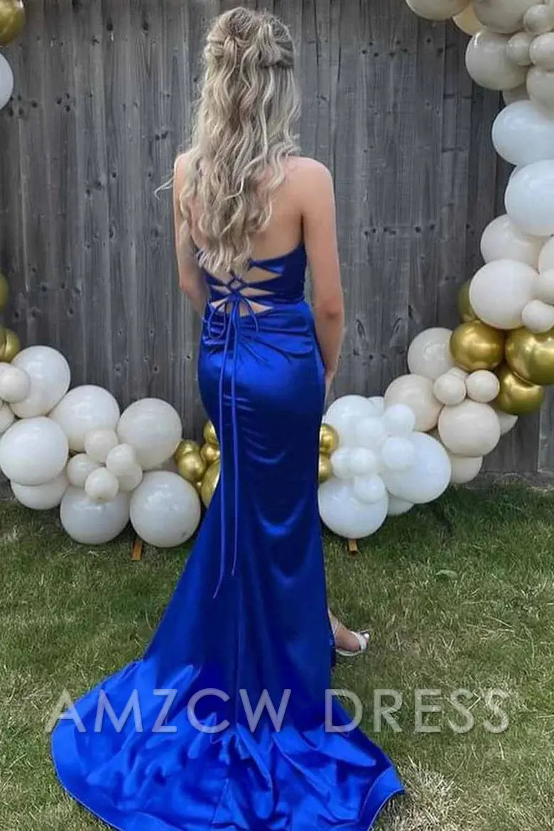 Amzcw Mermaid Strapless Royal Blue V-Neck Sleeveless Satin Long Prom Dress formal wear dresses