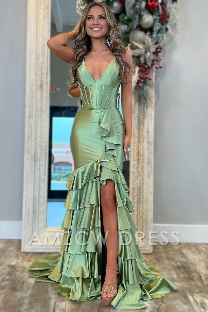 Vestido de fiesta largo de satén sin mangas con escote en V y tirantes finos de Amzcw