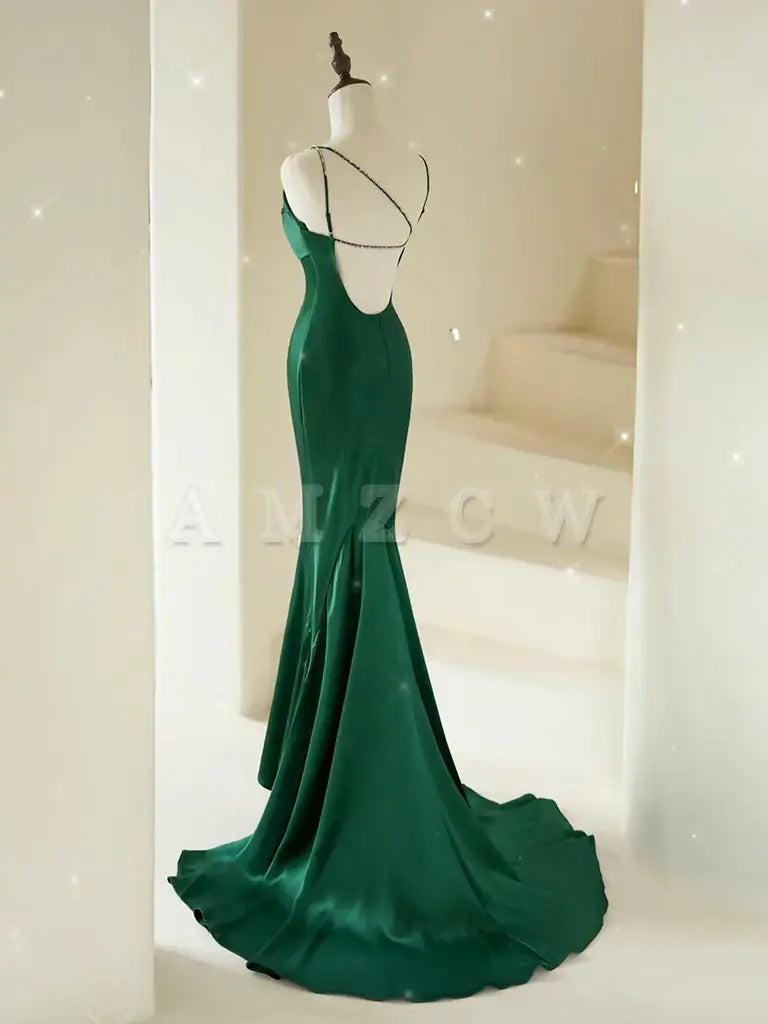 Suknia balowa Amzcw Mermaid V Neck Satin Green Long Prom Dress Green Satin Long Formalna sukienka na studniówkę sklepy z sukniami balowymi
