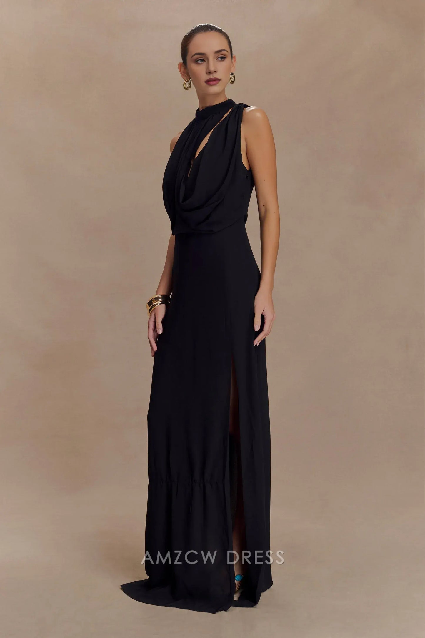 Minimalist Sheath/Column One Shoulder Halter Sleeveless Open Back Floor-Length Side Slit prom dress