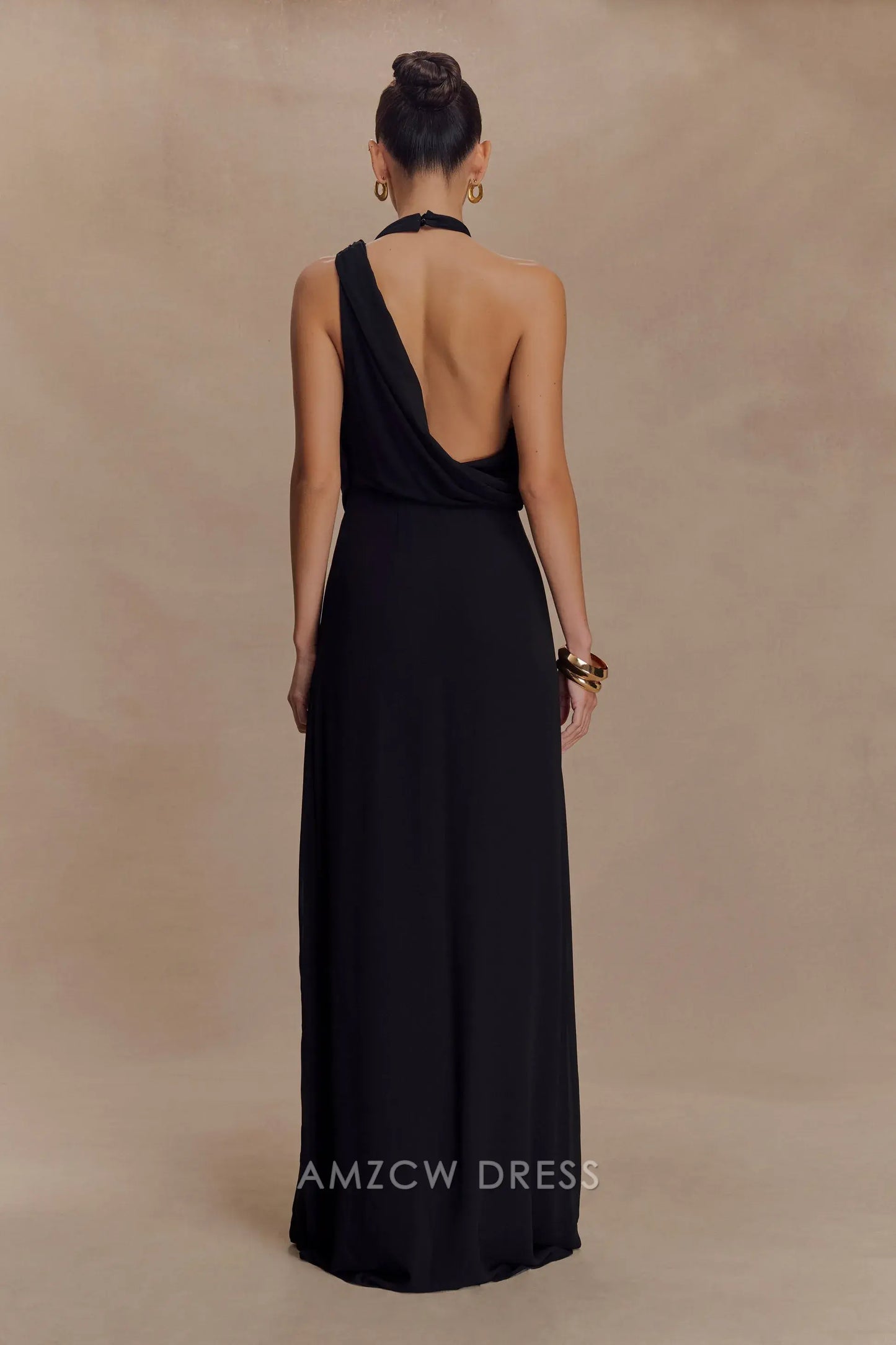 Minimalist Sheath/Column One Shoulder Halter Sleeveless Open Back Floor-Length Side Slit prom dress