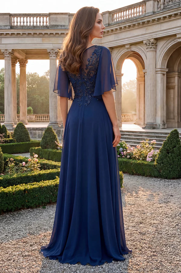 Navy Blue Flutter Sleeve Beaded A Line Floor Length Formal Evening Prom Dress