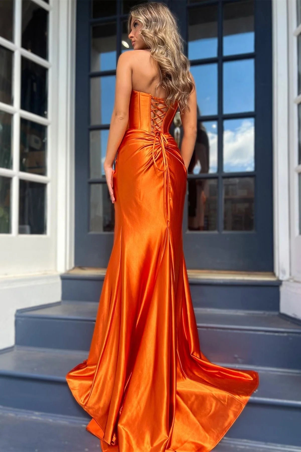 Vestidos de noche de graduación de llegada, sirena, satén, cola larga