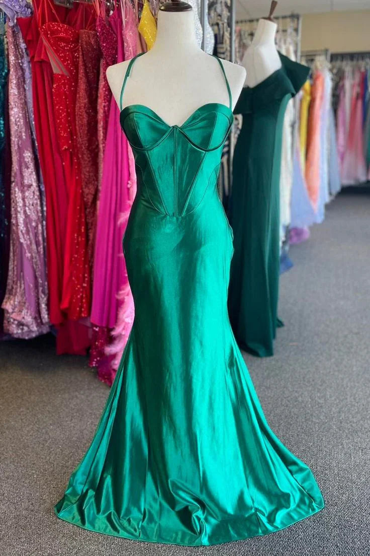 Nuevos vestidos de noche de graduación con tirantes, satén, abertura y corte sirena.