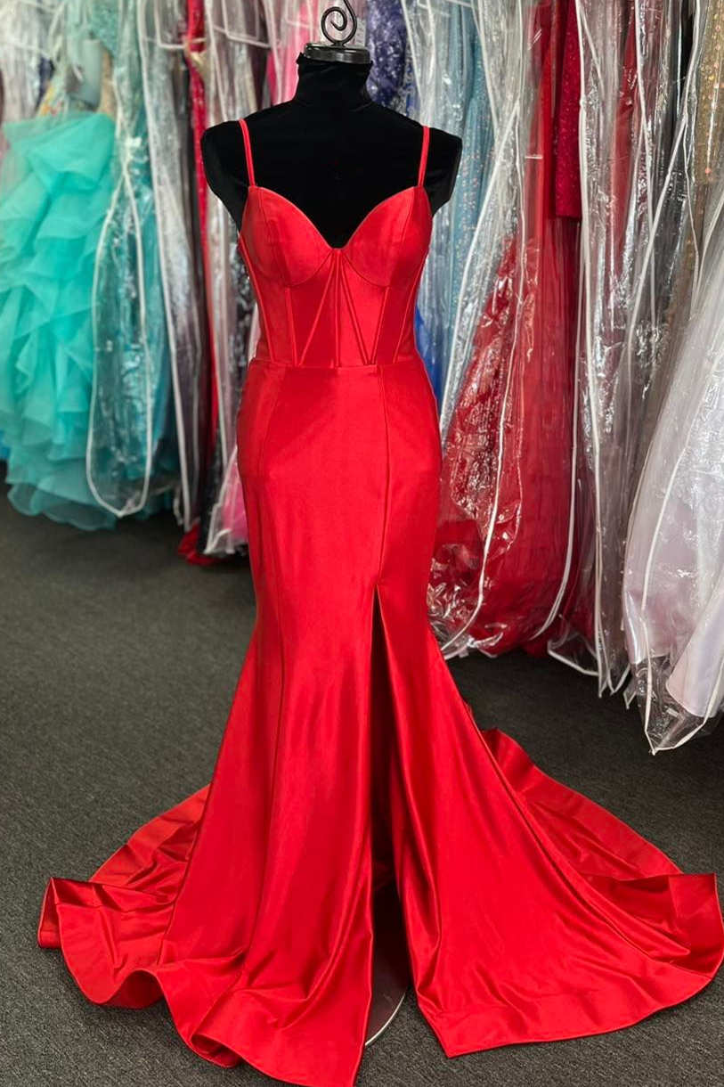 Nuevos vestidos de noche de graduación con tirantes, satén, abertura y corte sirena.