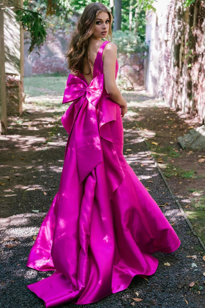 Vestidos de fiesta de sirena con escote en V, satén y lazo