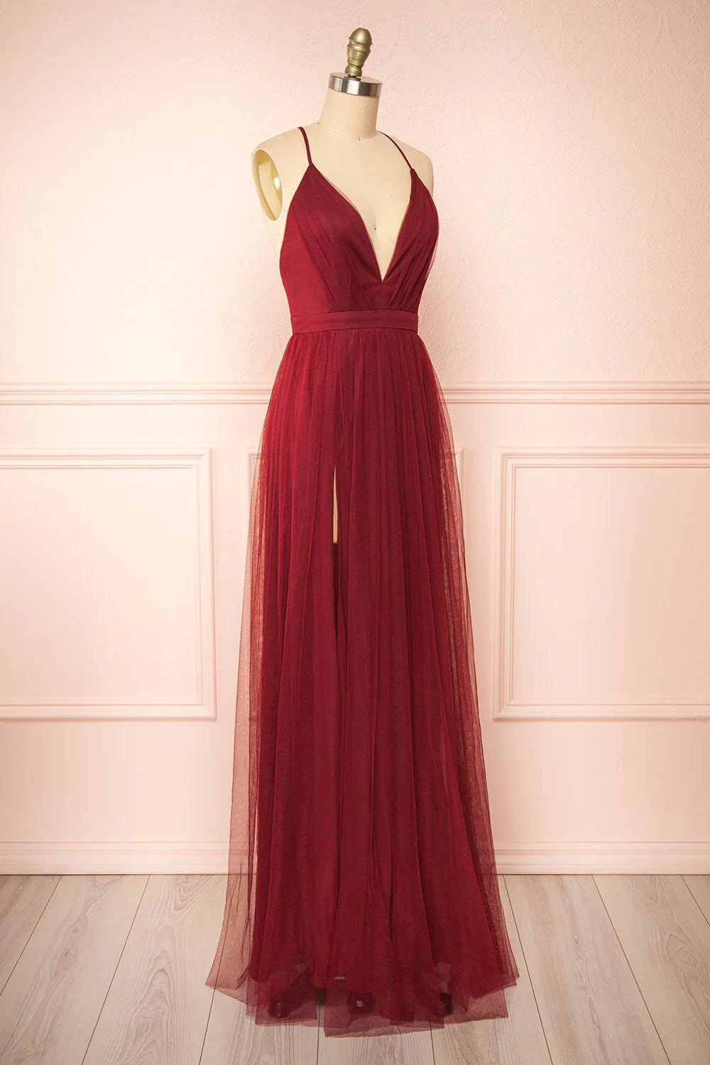 V Neck Tulle With A-Line Prom Dresses Zipper Up
