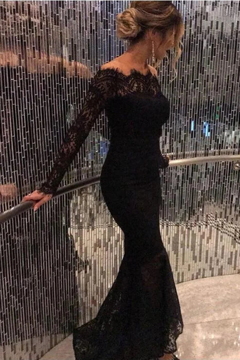 New Style Mermaid Long Sleeves Black Prom Dresses Lace Scoop Long Even Amzcw Dress New Style Mermaid Long Sleeves Black Prom Dresses Lace Scoop Long Even Amzcw Dress