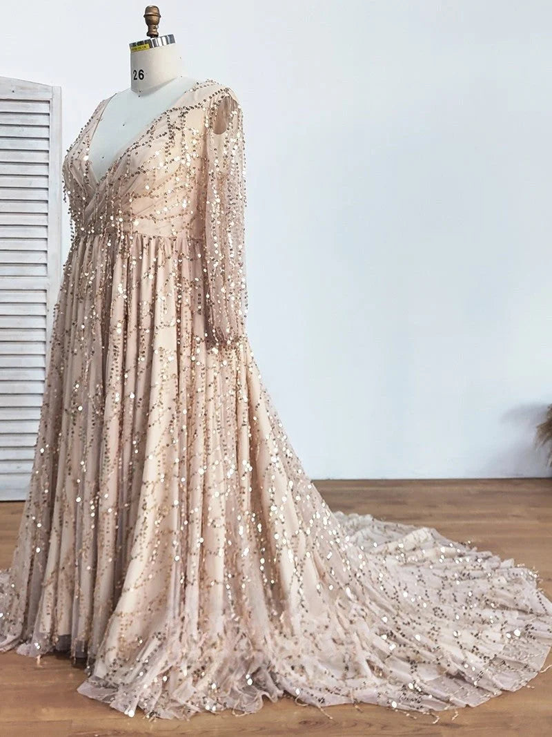 Vestidos de fiesta de tul con escote en V y corte A con lentejuelas y abertura en la espalda