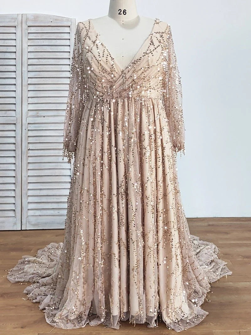 Vestidos de fiesta de tul con escote en V y corte A con lentejuelas y abertura en la espalda