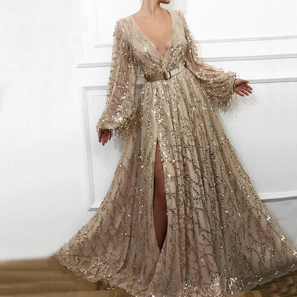 Vestidos de fiesta de tul con escote en V y corte A con lentejuelas y abertura en la espalda