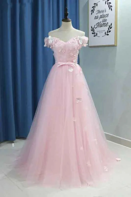 Vestidos de fiesta de tul con escote corazón y hombros descubiertos, plisados y flores