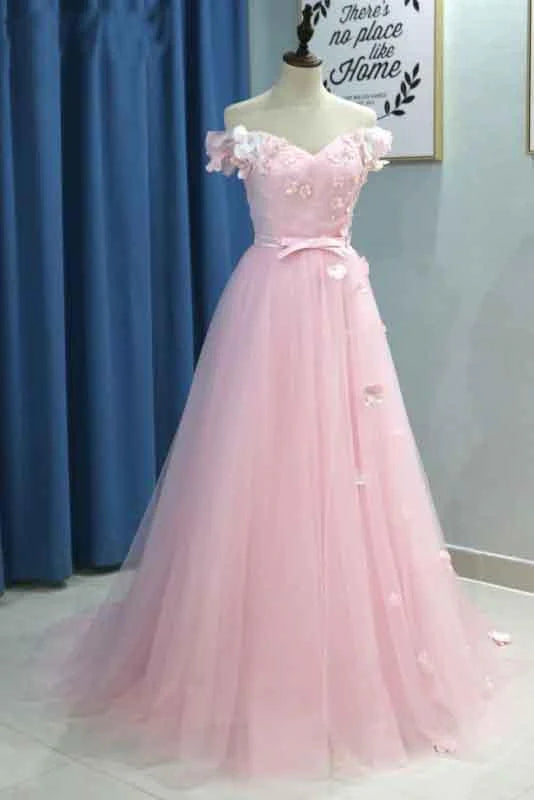 Vestidos de fiesta de tul con escote corazón y hombros descubiertos, plisados y flores