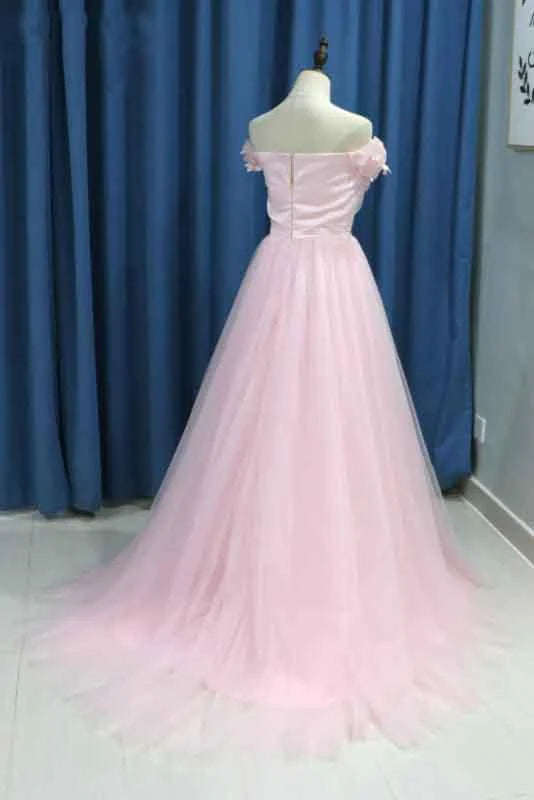 Vestidos de fiesta de tul con escote corazón y hombros descubiertos, plisados y flores