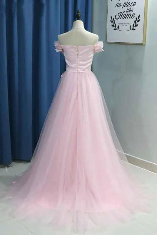 Vestidos de fiesta de tul con escote corazón y hombros descubiertos, plisados y flores