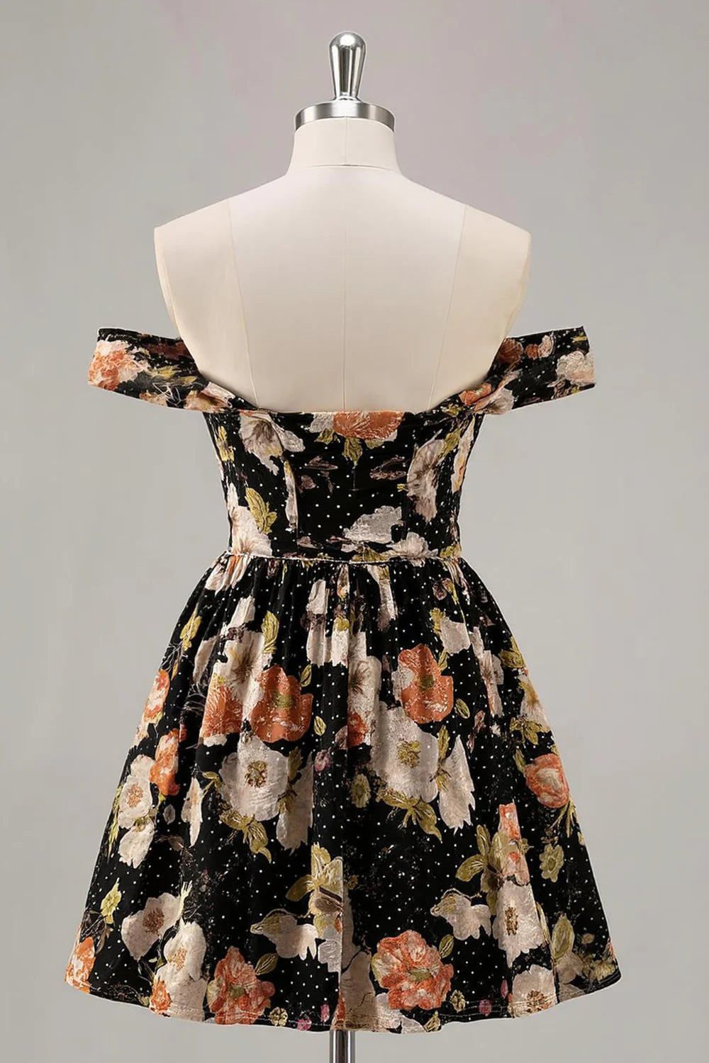 Off-the-Shoulder Black Floral Polka Dot Homecoming Dress with Ruched Waist and Flared Skirt