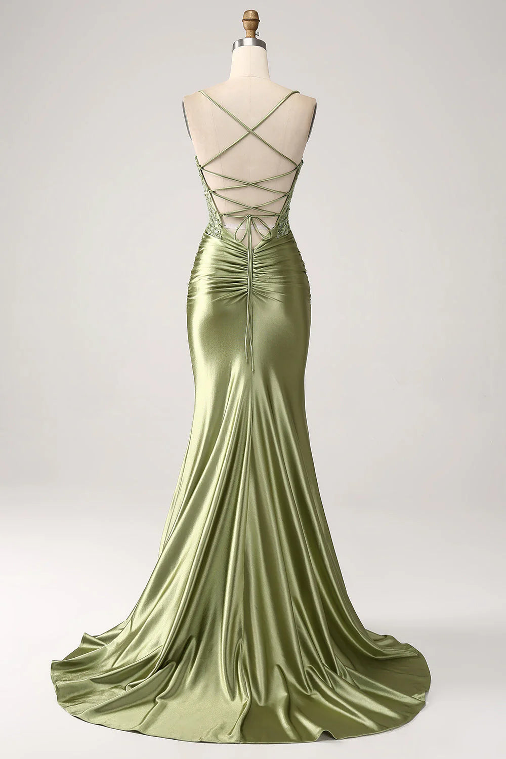 Olive Green Satin Spaghetti Strap Lace Applique Mermaid Prom Dress with Slit