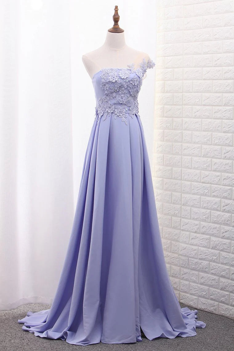 A Line Satin Prom Dresses With Handmade Flowers And Slit