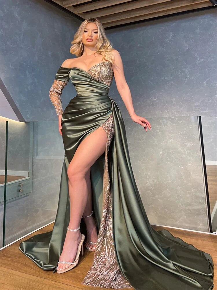Vestidos de noche de fiesta de corte A con lentejuelas y mangas