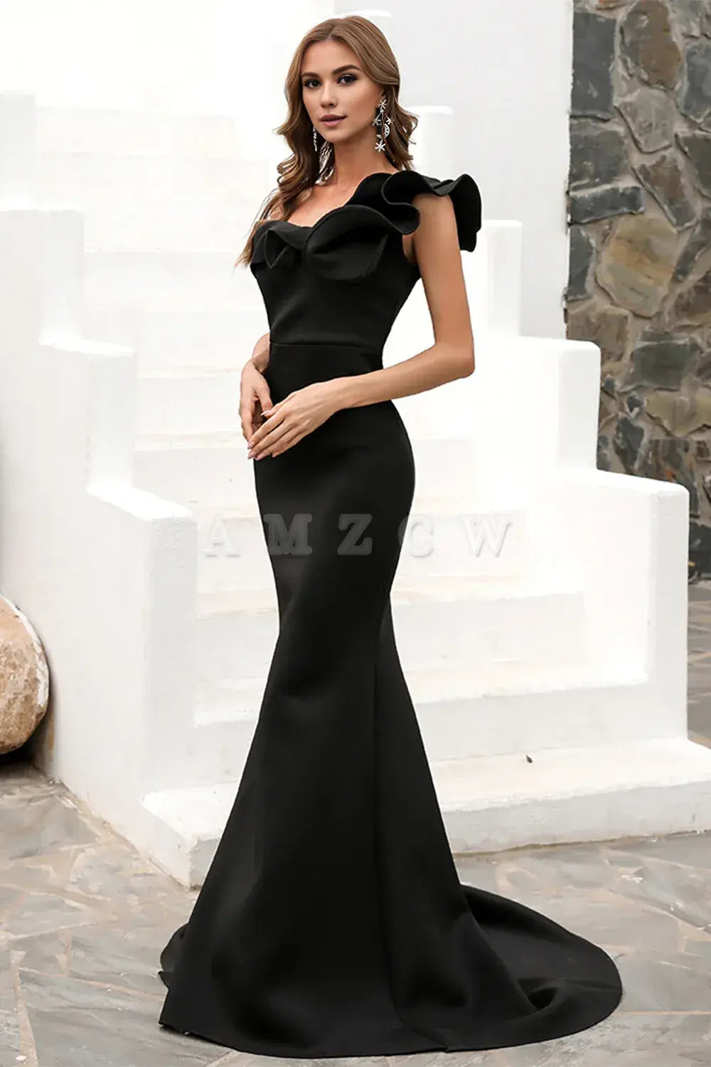 Amzcw One Shoulder Mermaid Black Prom Dress gowns evening dresses prom dresses shops 