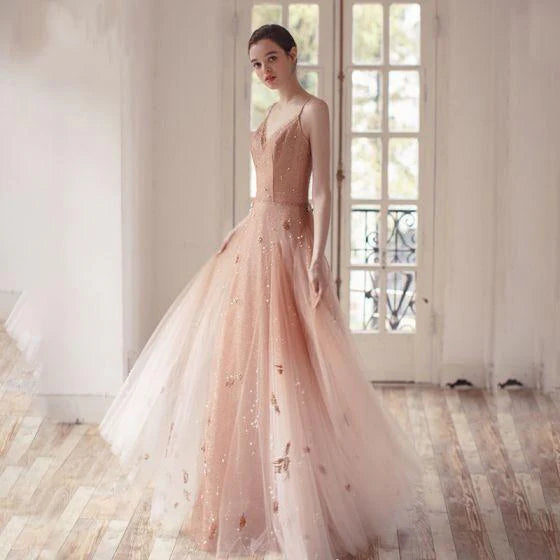 Open Back Spaghetti Straps Prom Dresses Ombre Tulle V Neck Pink Beauty Prom Gowns
