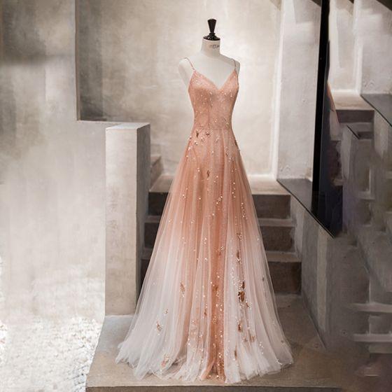 Open Back Spaghetti Straps Prom Dresses Ombre Tulle V Neck Pink Beauty Prom Gowns
