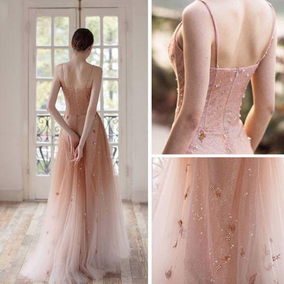 Open Back Spaghetti Straps Prom Dresses Ombre Tulle V Neck Pink Beauty Prom Gowns
