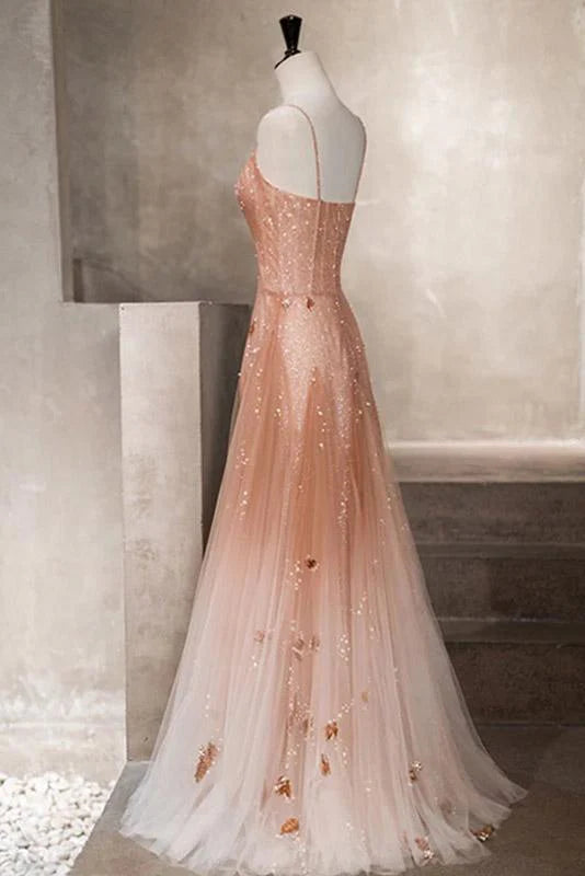 Open Back Spaghetti Straps Prom Dresses Ombre Tulle V Neck Pink Beauty Prom Gowns