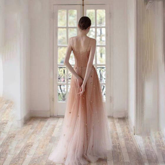 Open Back Spaghetti Straps Prom Dresses Ombre Tulle V Neck Pink Beauty Prom Gowns