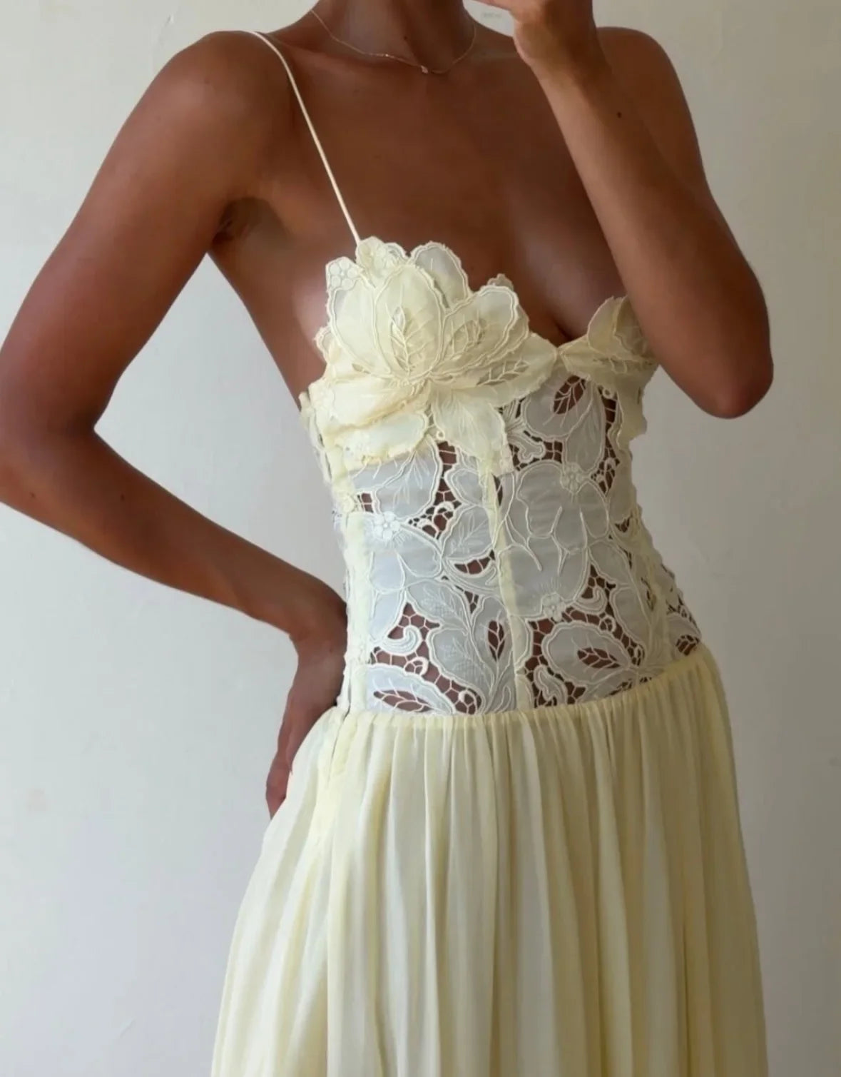 Pale Yellow Chiffon Lace Insert Cross Back Spaghetti Strap Maxi Prom Dress