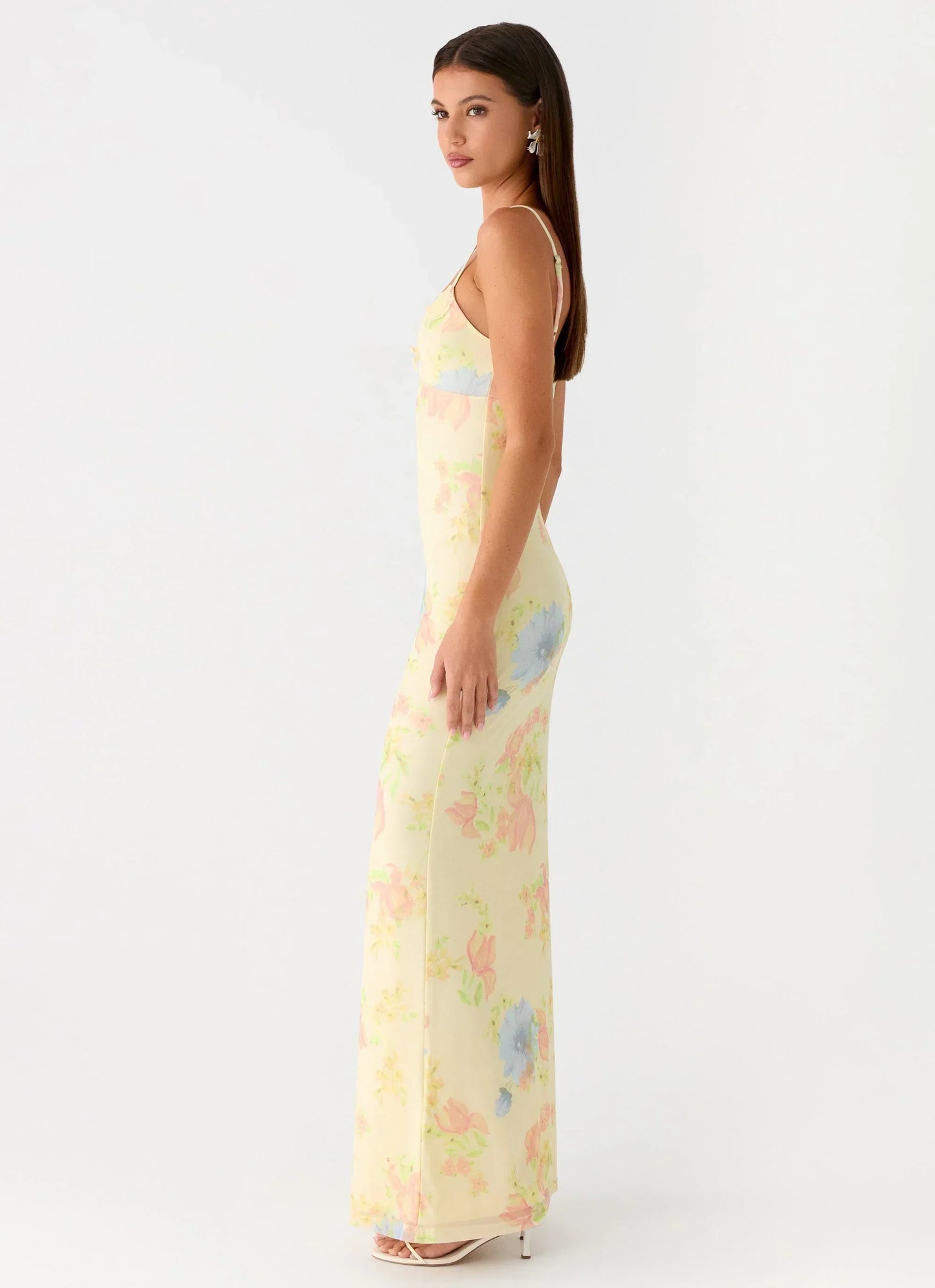 Pale Yellow Floral Print Spaghetti Strap Lace Trim V Neck Floor Length Formal Evening Prom Dress