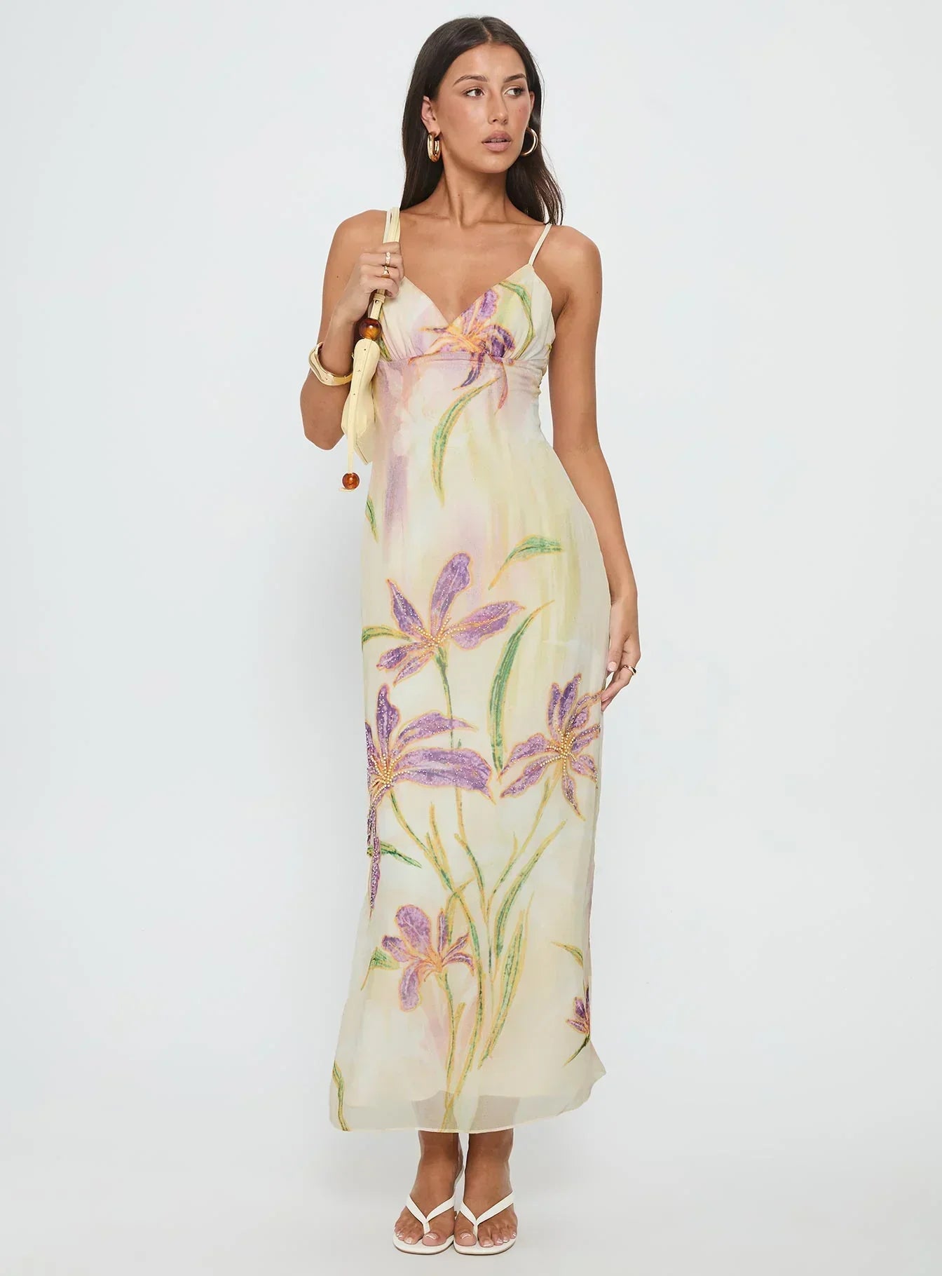 Pale Yellow Floral Print Spaghetti Strap V Neck Backless Chiffon Floor Length Formal Evening Prom Dress