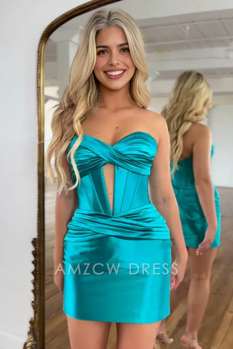 Amzcw Peacock blue Strapless Bodycon Keyhole Short Homecoming Dresses formal wear dresses