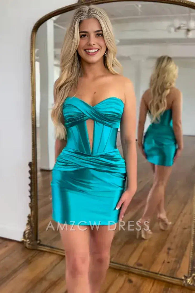 Amzcw Peacock blue Strapless Bodycon Keyhole Short Homecoming Dresses formal wear dresses