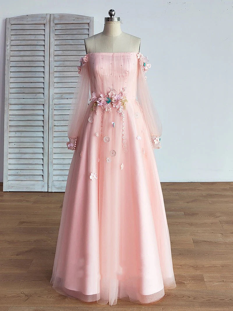 Pearl Pink Long Sleeve Ball Gown Off the Shoulder Tulle Long Floral Fairy Prom Dresses